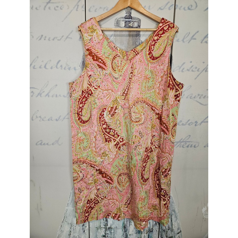 Studio C Plus Tank Dress 20W Pink Green Paisley V-Neck Sleeveless Cotton Stretch